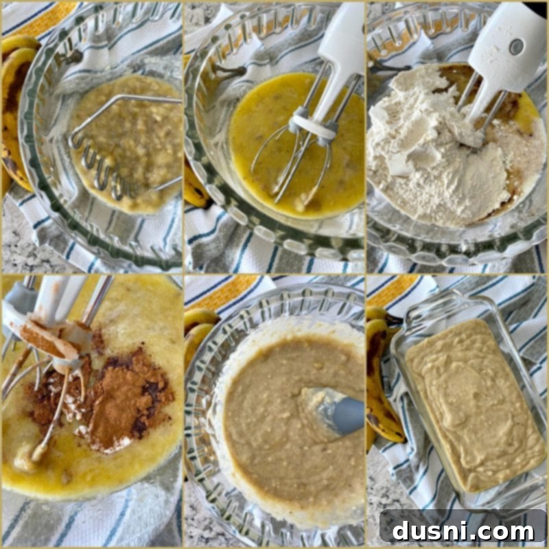 The Ultimate Banana Bread 6 Banana bread ingredients ready for mixing, showing mashed bananas, flour, and eggs