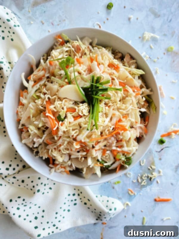 Classic Chinese Chicken Salad with ramen noodles, chicken, and coleslaw