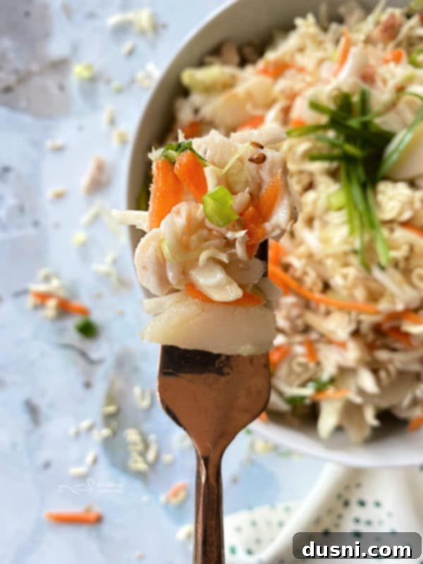 Chinese coleslaw with ramen noodles and shredded chicken
