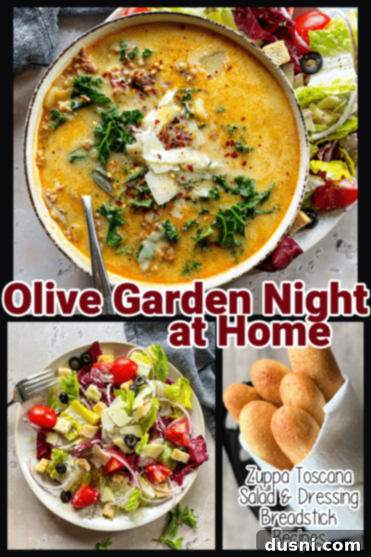 Olive Garden Night at home pinterest pin - soup, salad and breadsticks - a complete meal idea