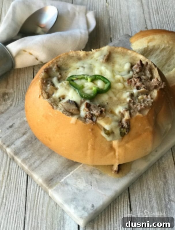 Philly Cheese Steak Soup in a Bread Bowl