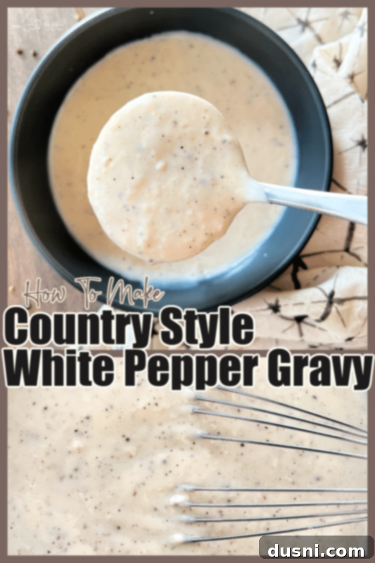 Pinterest graphic for Country Style White Pepper Gravy with text overlay.