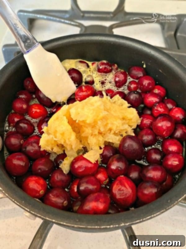 Mom's Homemade Cranberry Perfection 7 Fresh cranberries, orange juice, sugar, and pineapple simmering in a saucepan on the stove, beginning to transform into homemade cranberry sauce.