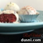 Side view of Red Velvet Truffles on a light blue plate with text "Red Velvet Truffles"