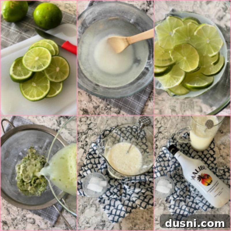 A selection of fresh ingredients including whole and sliced limes, sugar, water, and condensed milk, arranged for making Brazilian Lemonade.