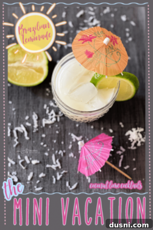 An inviting image of a Brazilian Lemonade cocktail with lime and umbrella garnish, inviting viewers to enjoy.