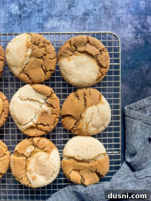 Freshly baked Gingerdoodle Cookies cooling on a wire rack, showcasing their warm, inviting color and crackled tops.