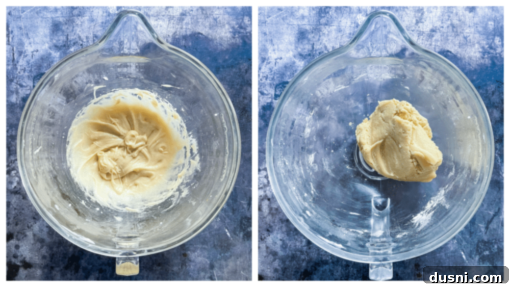 Collage showing the process of mixing snickerdoodle dough in a bowl.