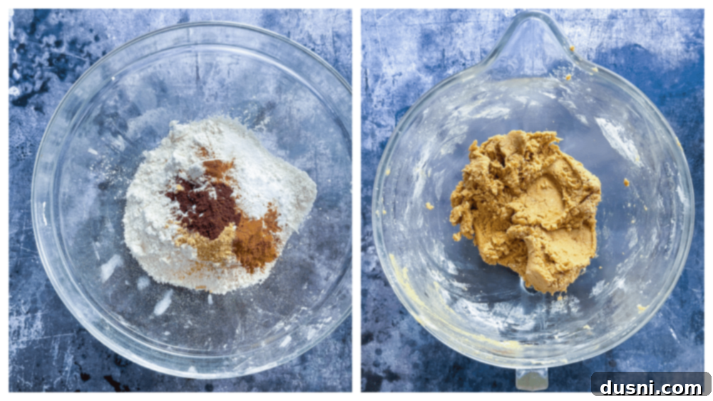 Collage showing the process of mixing gingersnap dough in a mixer bowl.