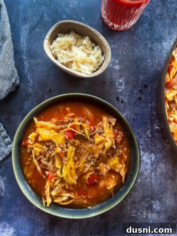 Classic Cabbage Roll Soup Made Two Ways 15 A serving of Cabbage Roll Soup in a rustic bowl