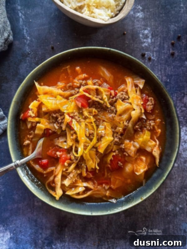 Classic Cabbage Roll Soup Made Two Ways 3 Overhead shot of Cabbage Roll Soup in a rustic bowl