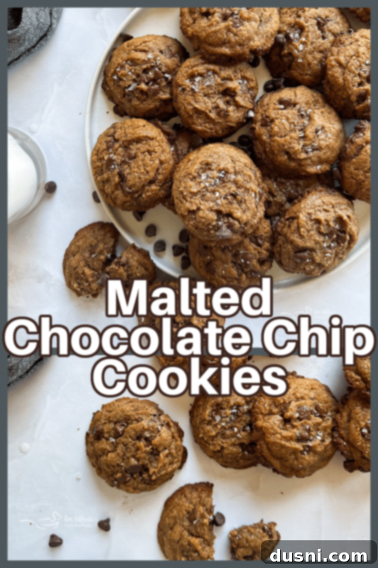 A stack of Malted Chocolate Chip Cookies with a glass of milk, a perfect pairing.