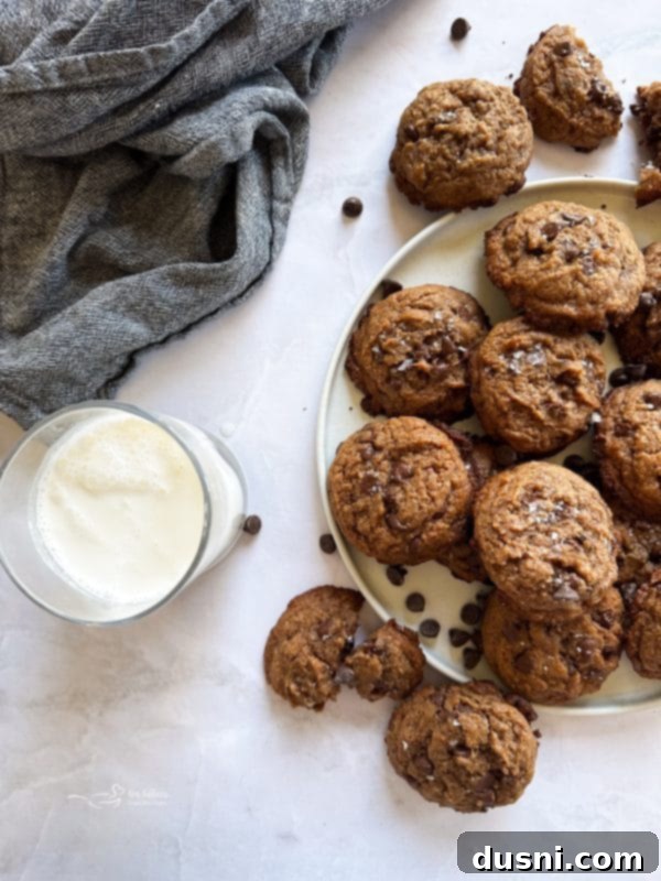 A close-up of a single Malted Chocolate Chip Cookie with a gooey center.