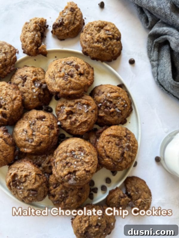 A beautifully styled shot of a plate of Malted Chocolate Chip Cookies, emphasizing their golden color and tempting chocolate.