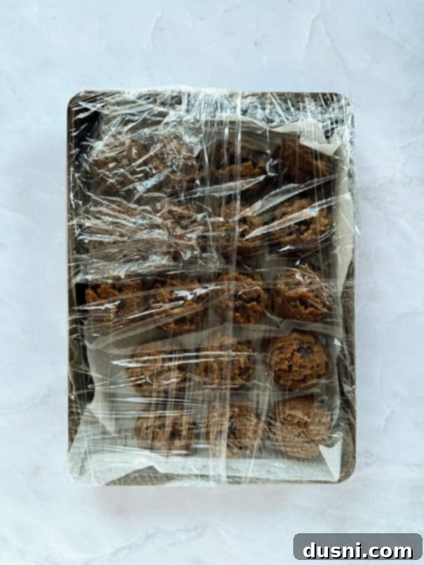 A bowl of Malted Chocolate Chip Cookie dough covered with plastic wrap, ready for refrigeration.