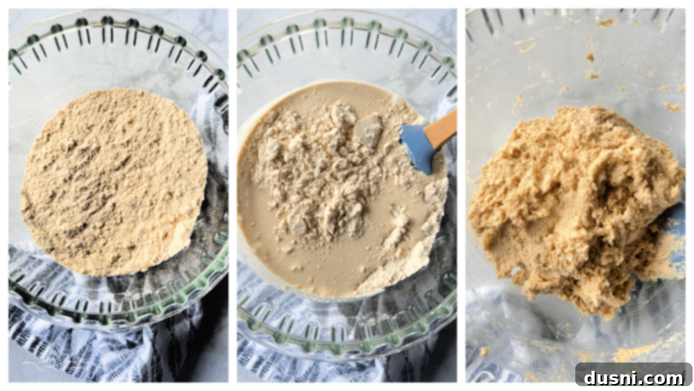 Mixing wet and dry ingredients for the bread dough with a spatula.