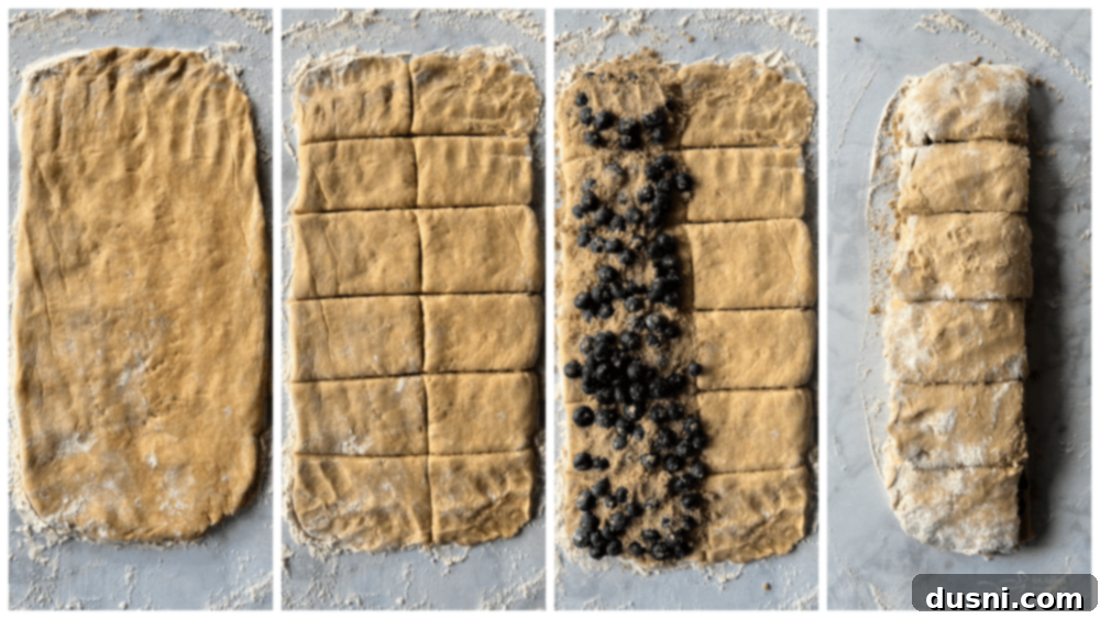 Dough rectangle divided into squares for layering the pull-apart bread.