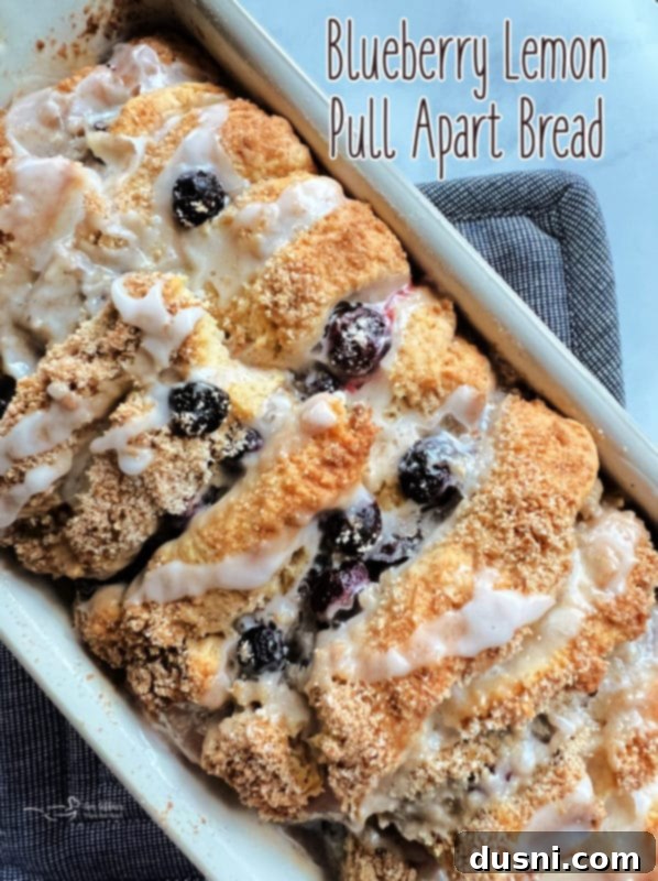 Blueberry Lemon Pull Apart Bread, freshly baked and glazed, ready to be served.
