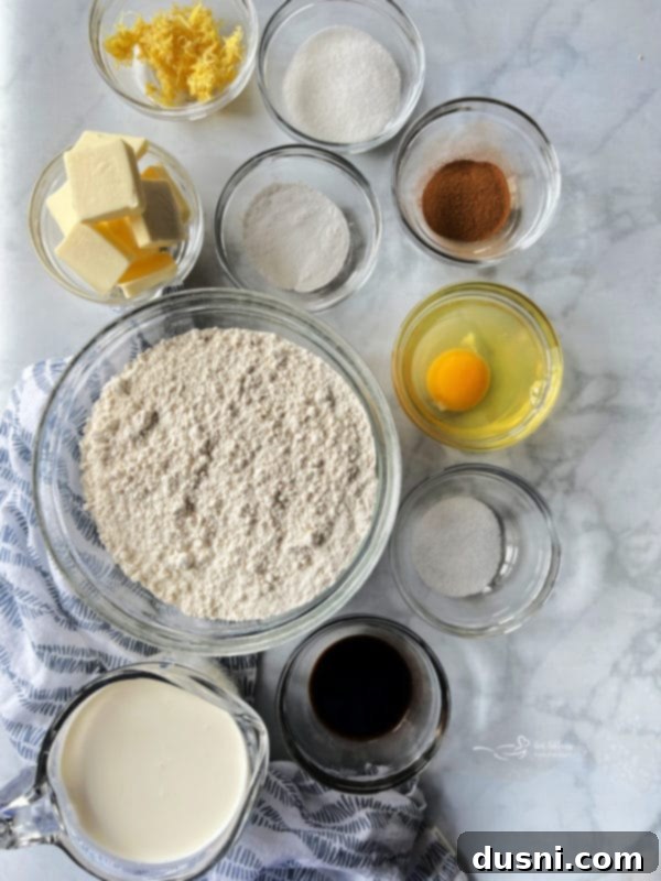 Key ingredients for the Blueberry Pull Apart Bread dough, including flour, butter, and lemon.
