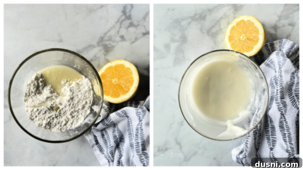 Whisking powdered sugar and lemon juice together for a smooth glaze.