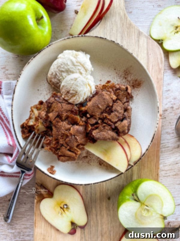 Top view of a freshly baked apple cinnamon cake, adorned with apple slices and a scoop of vanilla ice cream in a white bowl, ready to be served.