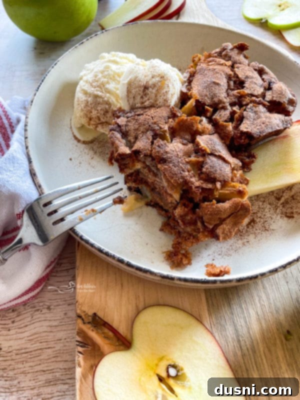 A slice of warm apple cake with a generous scoop of vanilla ice cream melting on top, garnished with fresh apple slices.