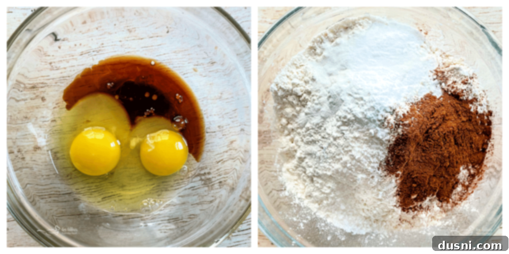 A bowl containing beaten eggs and vanilla extract, ready to be incorporated into the dry ingredients in another bowl.