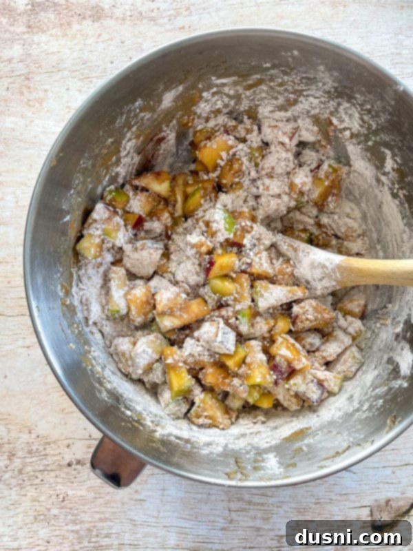 The apple and sugar mixture being combined with flour, cinnamon, baking soda, and salt to form the cake batter.