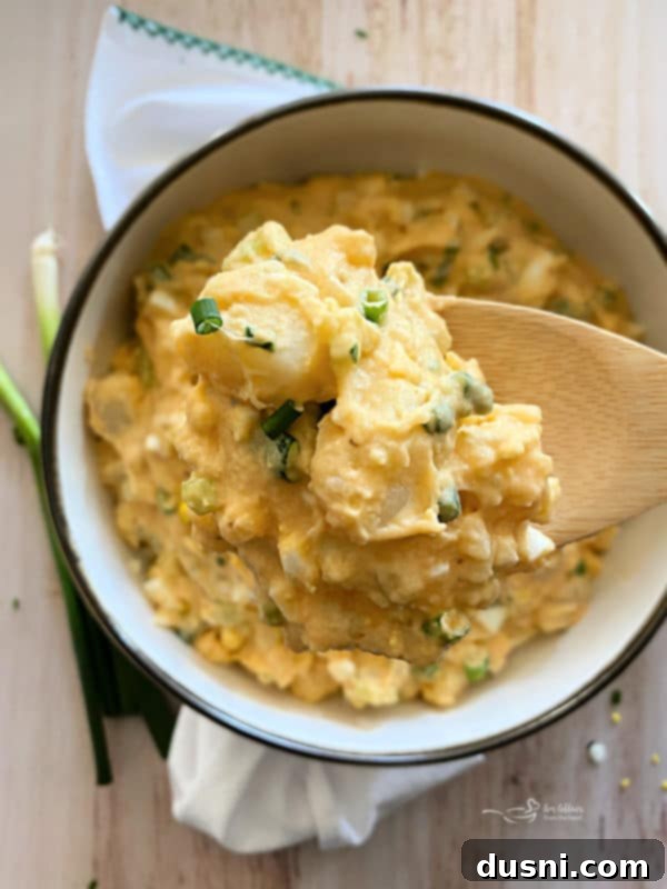 Smoky Sausage & Tangy Kraut Sandwiches 17 Dorothy's Homemade Potato Salad white bowl light background on spoon