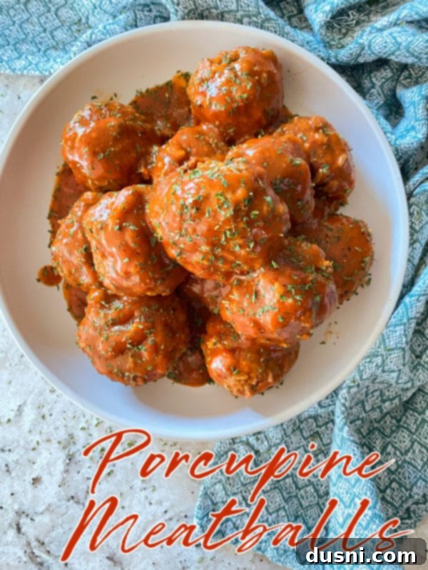 Savory Rice-Studded Meatballs 12 Hero shot of cooked Porcupine Meatballs in a skillet, garnished with fresh parsley