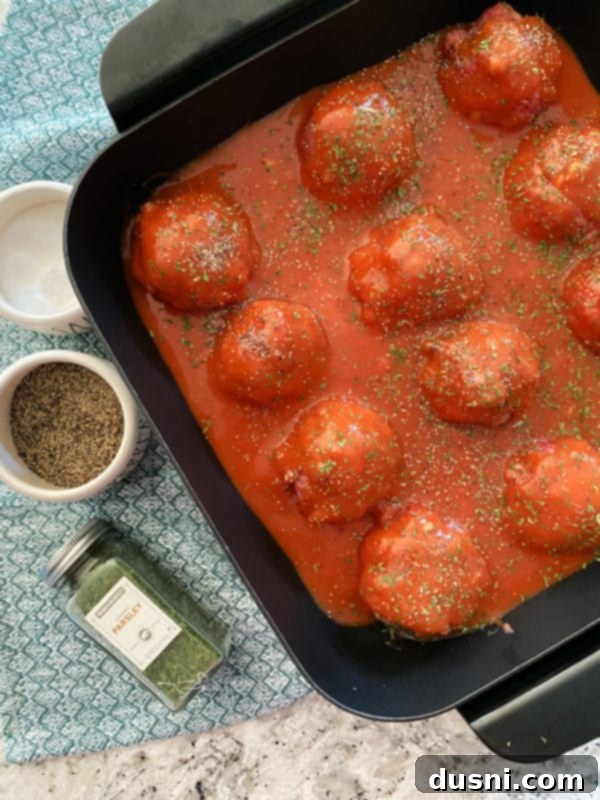 Savory Rice-Studded Meatballs 7 Meatballs covered in sauce, sprinkled with parsley, salt, and pepper