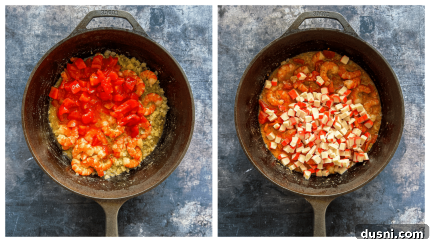 Coastal Crab & Shrimp Pasta 8 Raw shrimp being added to the sautéed garlic and onions in a skillet.