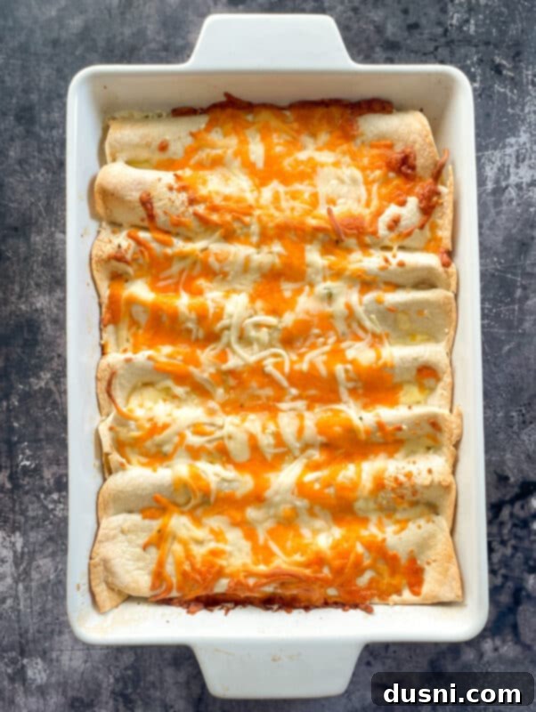 Brunch enchiladas, removed from fridge and topped with an extra layer of shredded cheese, ready for the oven
