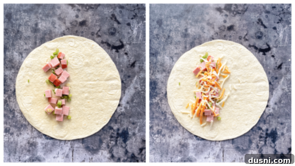 Ham & Cheese Brunch Enchiladas 10 A bowl containing diced ham and sliced green onions, mixed together