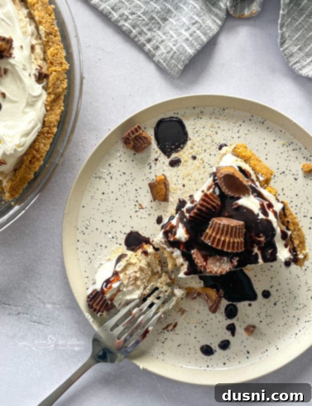 A perfectly sliced No-Bake Peanut Butter Pie, revealing its creamy layers, served with a fork on a white plate