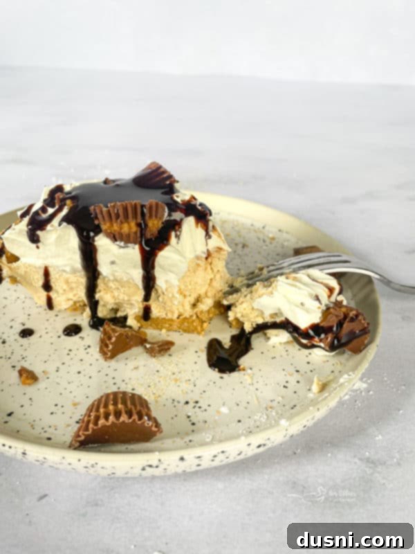 A close-up of a single slice of Peanut Butter Pie, with visible layers and a creamy, inviting texture