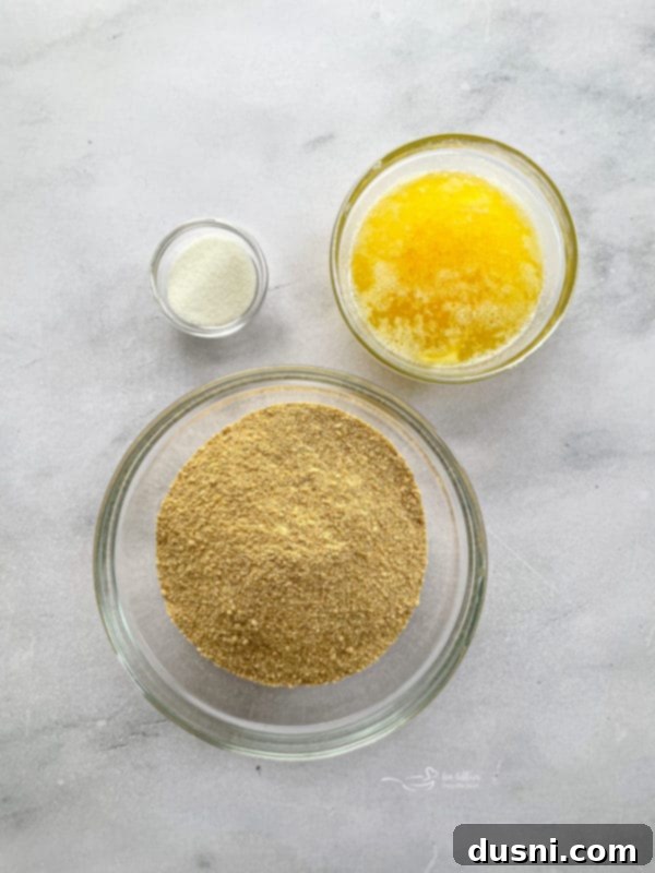 A simple arrangement of ingredients required for a no-bake graham cracker crust: graham cracker crumbs, melted butter, and sugar