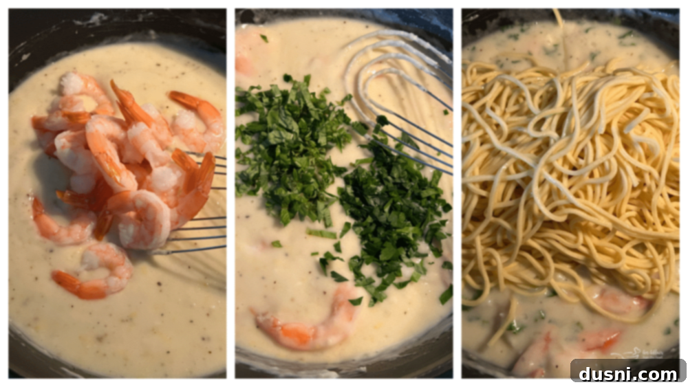 Bright Lemon Basil Creamy Shrimp Pasta 7 STEP: Whisk in lemon juice and lemon zest, then stir in shrimp.