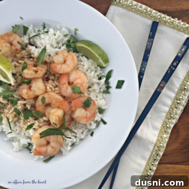 Bright Lemon Basil Creamy Shrimp Pasta 10 Overhead of Sesame Cilantro Shrimp and rice in a white bowl