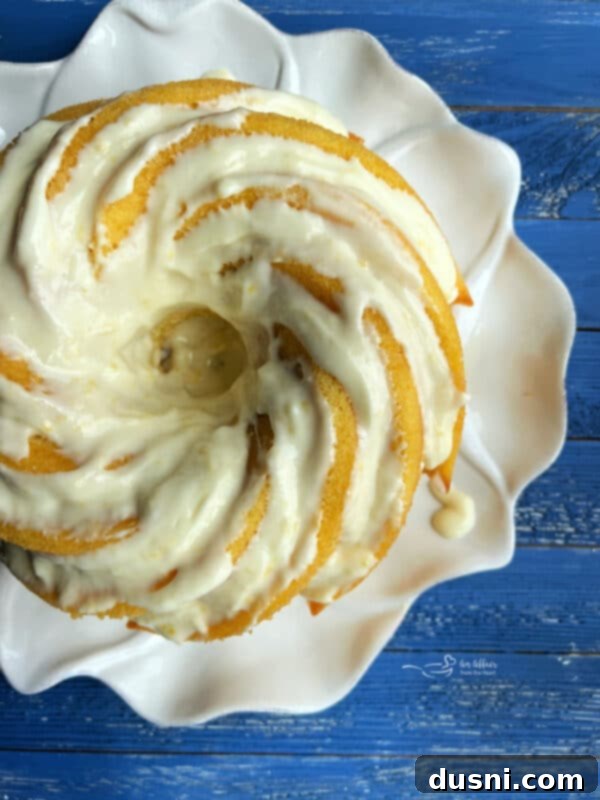 Luscious Lemon Cream Cheese Bundt Cake 2 Overhead View of Zesty Lemon Cream Cheese Bundt Cake with Glaze
