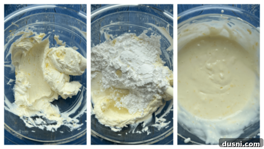 Luscious Lemon Cream Cheese Bundt Cake 12 Preparing creamy lemon cream cheese frosting by mixing ingredients in a bowl