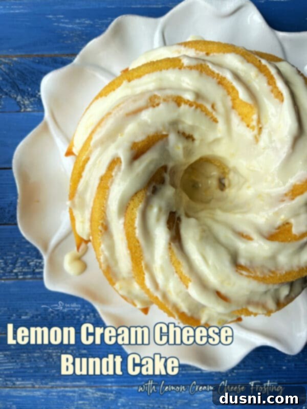 Luscious Lemon Cream Cheese Bundt Cake 14 Pinterest Image of a slice of Lemon Cream Cheese Bundt Cake with the full cake in the background