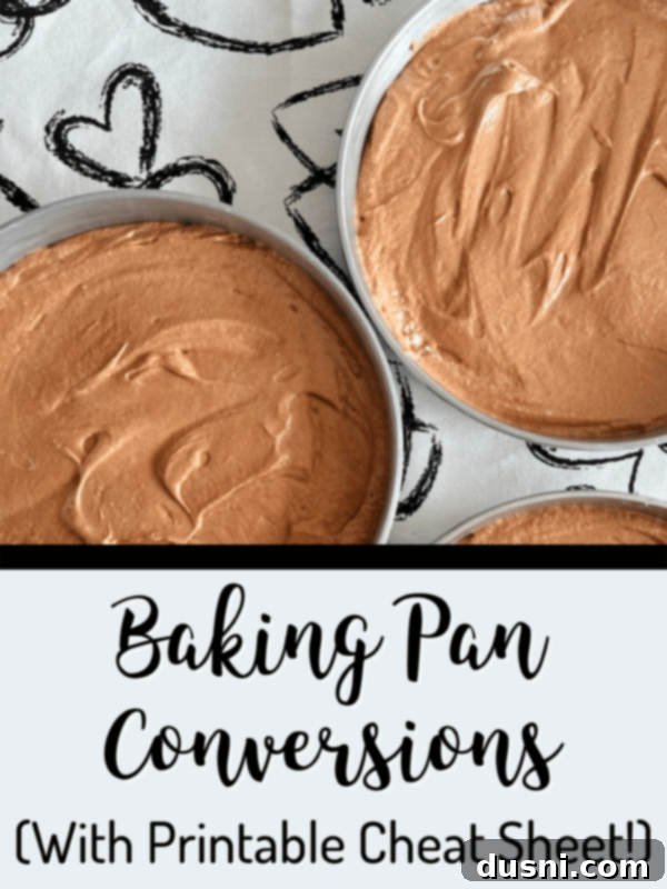 Bake Anything Any Pan Essential Conversion Chart 2 Various baking pans and a baking pan conversion chart on a kitchen counter