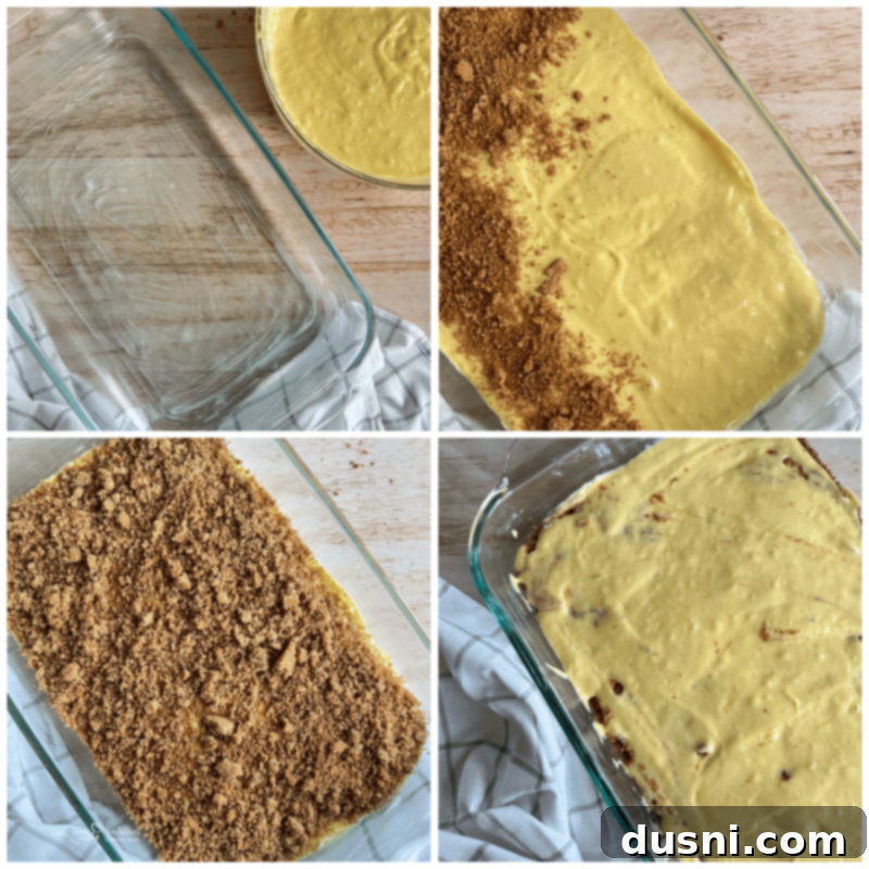 Pouring the first layer of cake mix into a baking dish