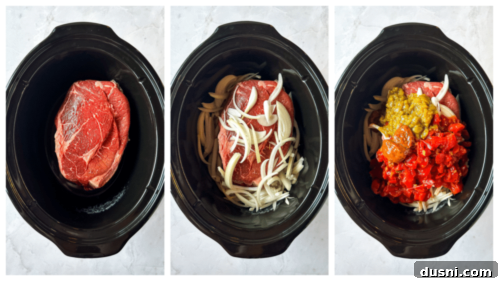 Tender Slow Cooker Pulled Beef Burritos 6 All ingredients for shredded beef burritos including chuck roast, Rotel, and onions, placed in a slow cooker before cooking.