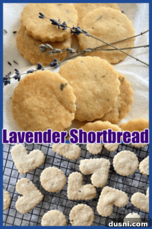 Lavender Shortbread and Lavender Strawberry Cream 22 A social media-friendly graphic for pinning the Lavender Shortbread recipe, with text: 'Lavender Shortbread - An Affair from the Heart'