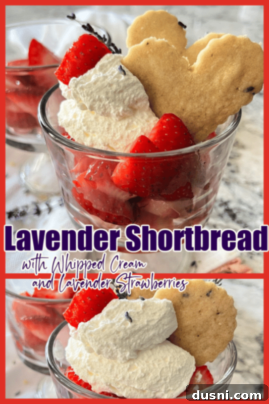 Lavender Shortbread and Lavender Strawberry Cream 23 Another Pinterest-optimized graphic for Lavender Shortbread with Whipped Cream & Lavender Strawberries - An Affair from the Heart, showing the complete dessert.