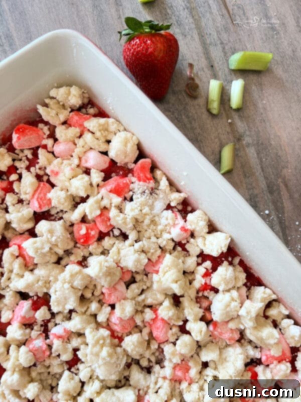 Strawberry Rhubarb Bliss 12 Adding the crumble topping to the Strawberry Rhubarb Dessert