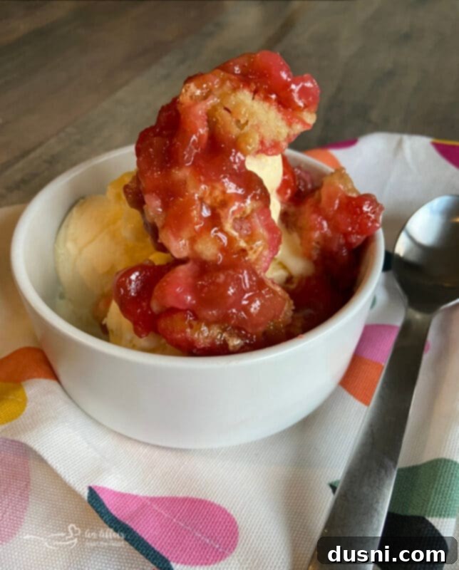 Strawberry Rhubarb Bliss 3 Strawberry Rhubarb Dessert topped with a scoop of vanilla ice cream
