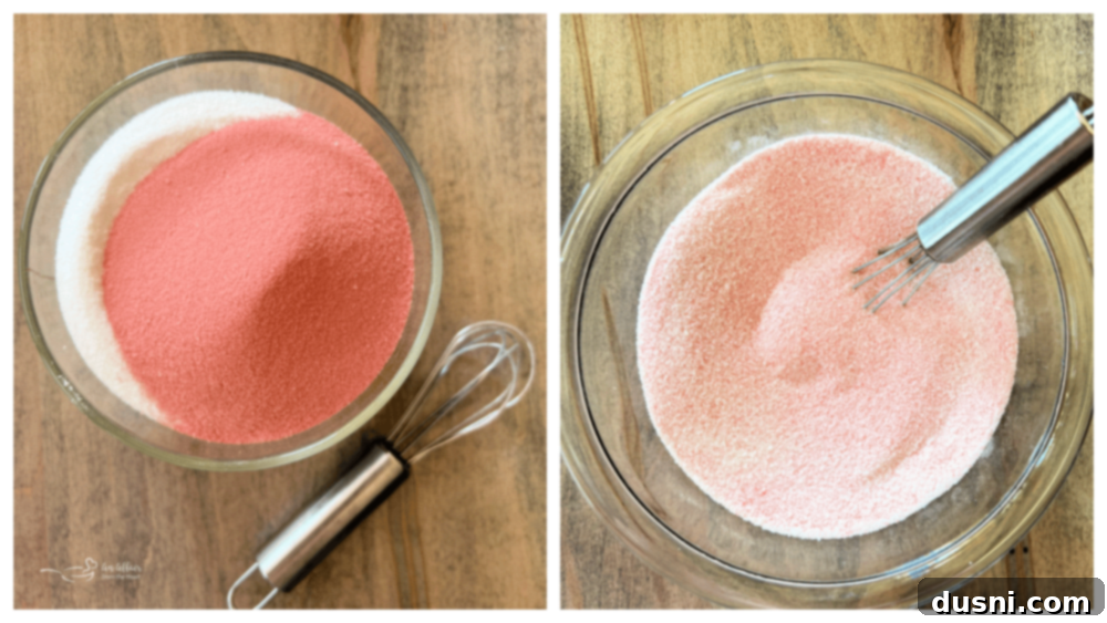 Strawberry Rhubarb Bliss 8 Mixing strawberry Jell-O and sugar for the rhubarb cobbler